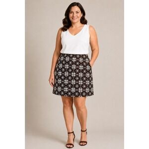 Ann Taylor Loft Mini Skirt 16‎ Chocolate Brown White Embroidered Floral Mod Y2K